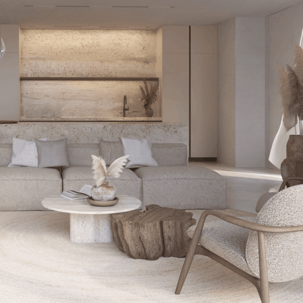 Luxusní apartmán v Dubaji – obývací pokoj v béžových tónech s obkladem stěny na míru