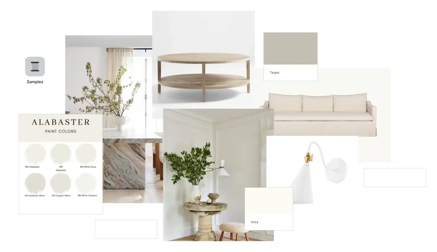 Mood board Express interiéru — barvy, materiály a nábytek v odstínech bílé a taupe